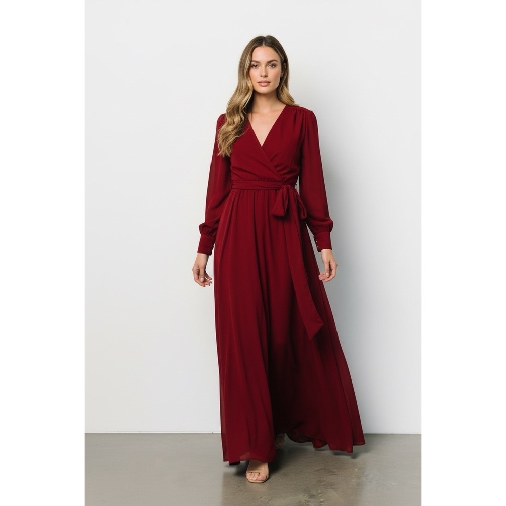 Baltic Born Size Large Lydia Maxi Dress Chiffon Long Sleeve V-Neck Tie Belt